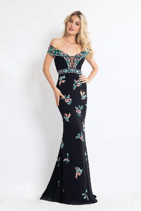 Rachel Allan 6056 - Embroidery Trimmed Illusion Off Shoulder Dress Gothic unclassified dresses