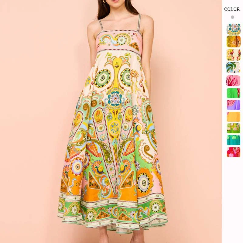 SEXY SLING ELEGANT PRINTED HIGH WAIST LARGE SWING DRESS Sleeveless unclassified dresses