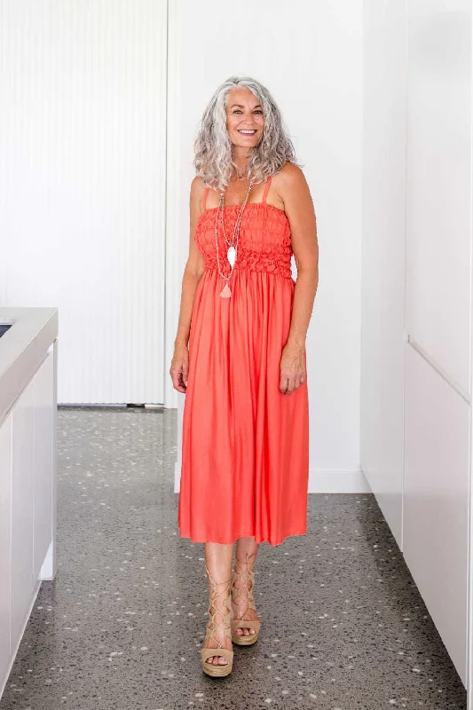 Shirred Beach Dress - Coral Denim unclassified dresses