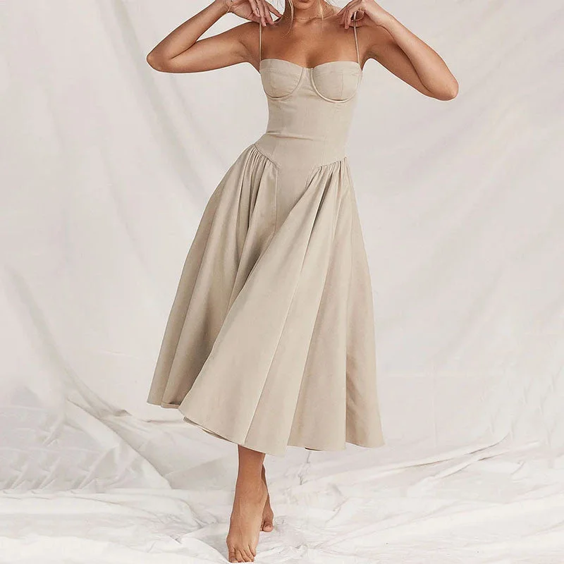 Slim backless pleated mid-length dress Unique unclassified dresses