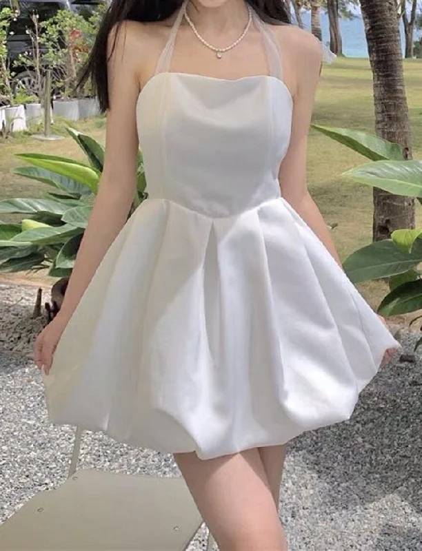 Solid Color Halter Neck Bud White Sundress Dress For Pastel unclassified dresses