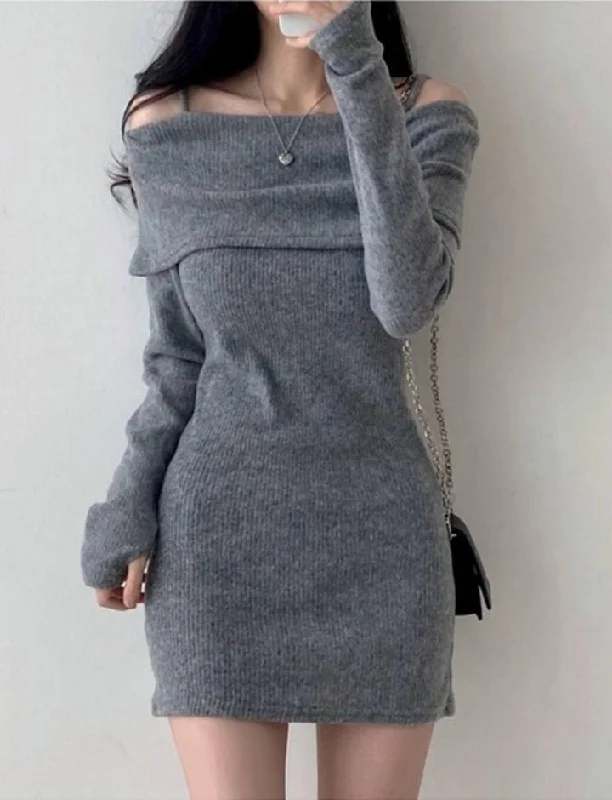 Solid Color Off Shoulder Knit Slim Wrap Dress For Street style unclassified dresses