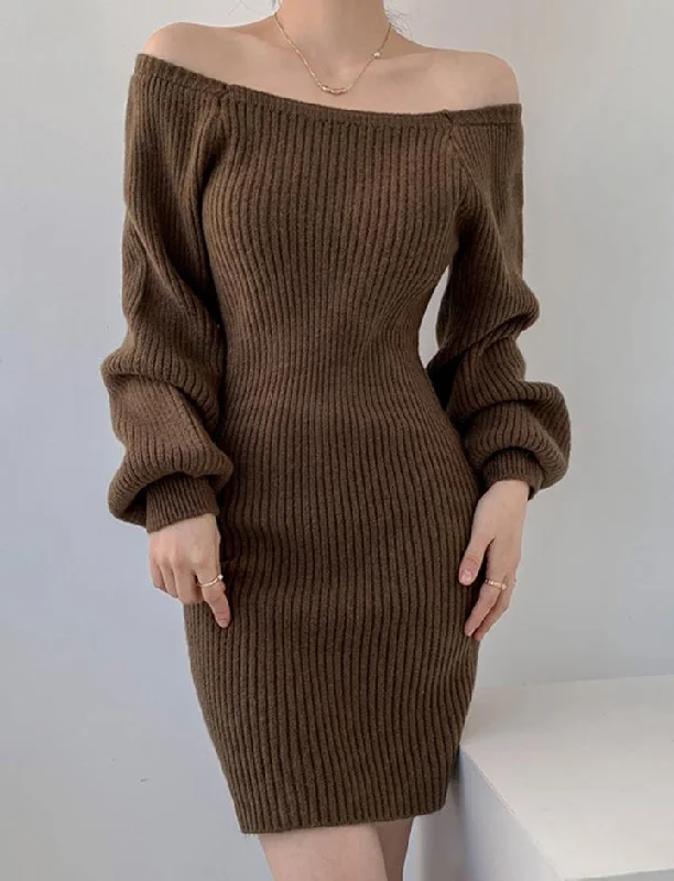 Solid Color Off Shoulder Rib Knit Dress Preppy unclassified dresses