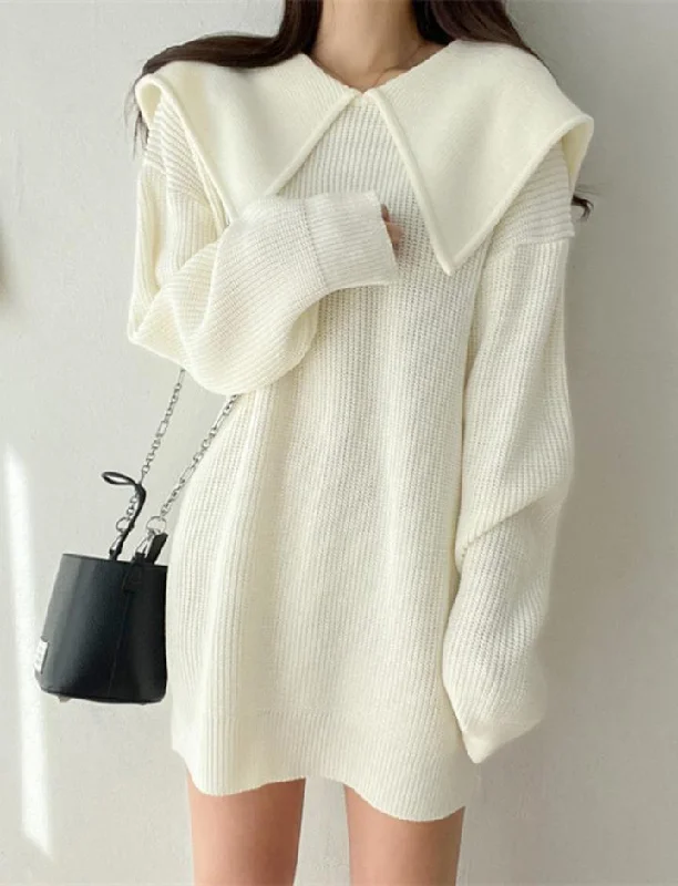 Solid Color Peter Pan Neck Loose Knit White Dress For Minimalist unclassified dresses