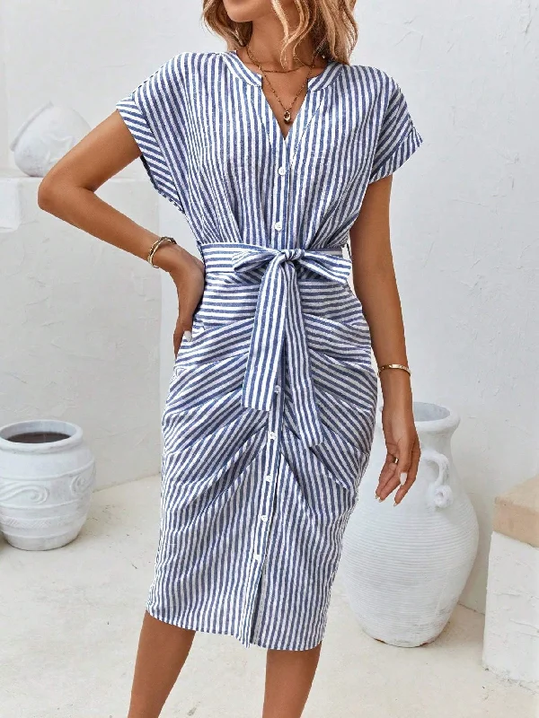 STRIPED PRINT BATWING SLEEVE BELTED DRESS Ruffled unclassified dresses