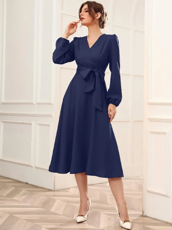 SURPLICE NECK BISHOP SLEEVE BELTED DRESS Silk unclassified dresses