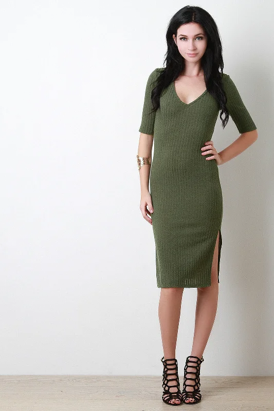 Solid Ribbed V-Neck Dress One-shoulder unclassified dresses