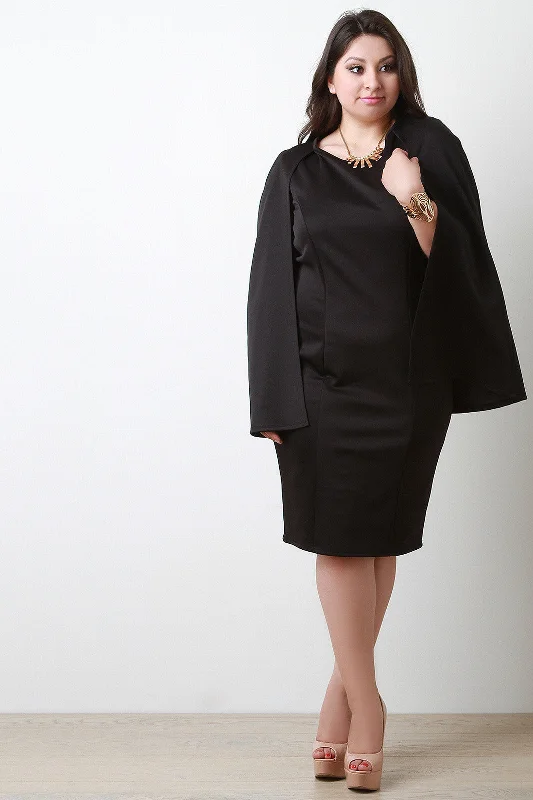 Sleeveless Flowing Structured Cape Sheath Dress Silk unclassified dresses