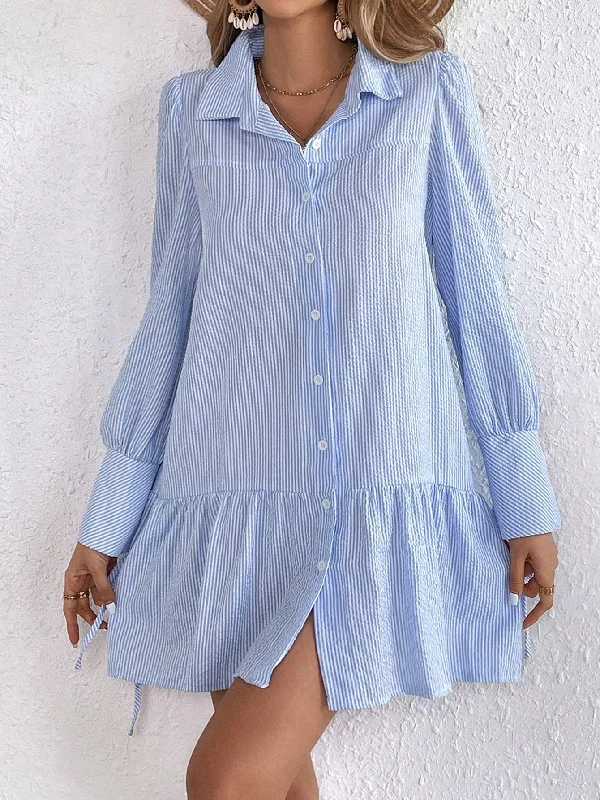 VCAY STRIPED PRINT KNOT CUFF RUFFLE HEM SMOCK DRESS Date night unclassified dresses