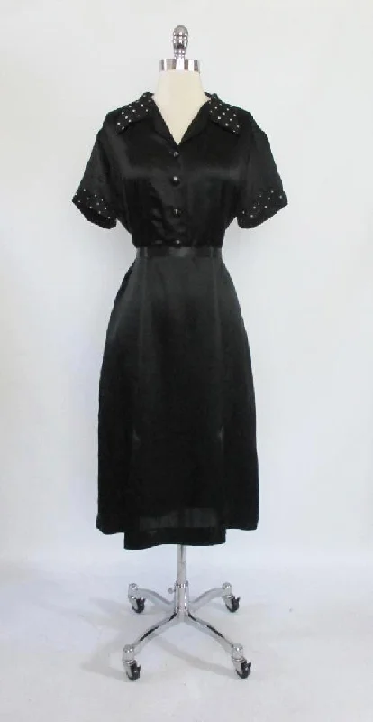 Vintage 30's Black Satin White Polka Dot Rayon Day Dress L Women's unclassified dresses