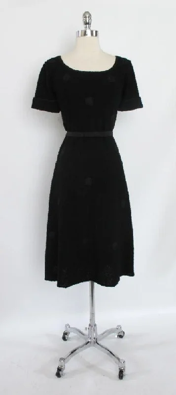 Vintage 40's Black With Knit Ribbon Polka Dots Dress L Knitted unclassified dresses