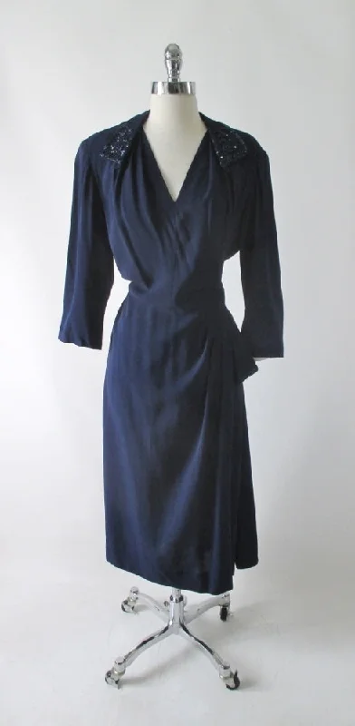 Vintage 40's Navy Blue Beaded Evening Dress L / XL Wrap unclassified dresses