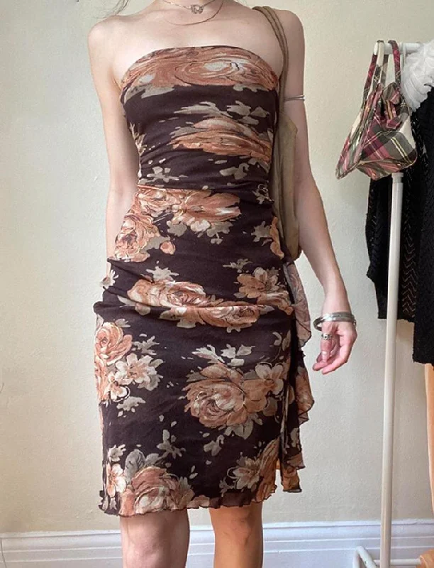 Vintage Flower Print Wrap Bandeau Dress Casual chic unclassified dresses