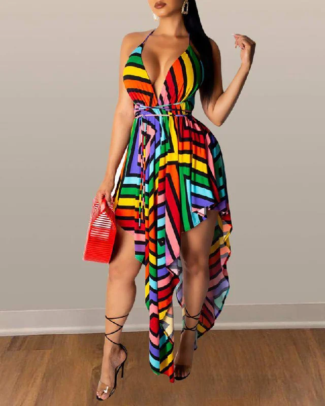 VNeck Backless Colorful Striped Irregular Dress Bold pattern unclassified dresses