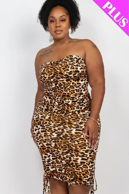 Voluptuous (+) Plus Leopard Print Ruched Drawstring Tube Dress Winter unclassified dresses