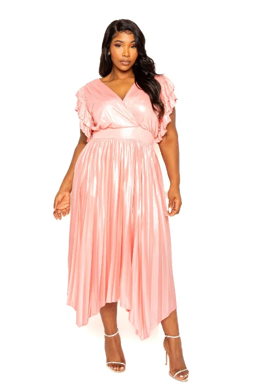 Voluptuous (+) Plus Pleated Flutter Sleeve Holiday Attire Dress Y2K unclassified dresses