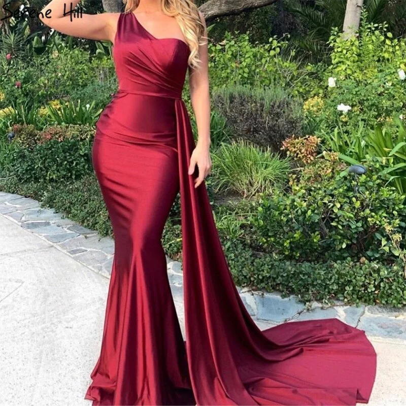 Wine Red Sleeveless Sexy Satin Evening Dresses 2024 One Shoulder Simple Mermaid Formal Dress Serene Hill LA70368 Fall unclassified dresses