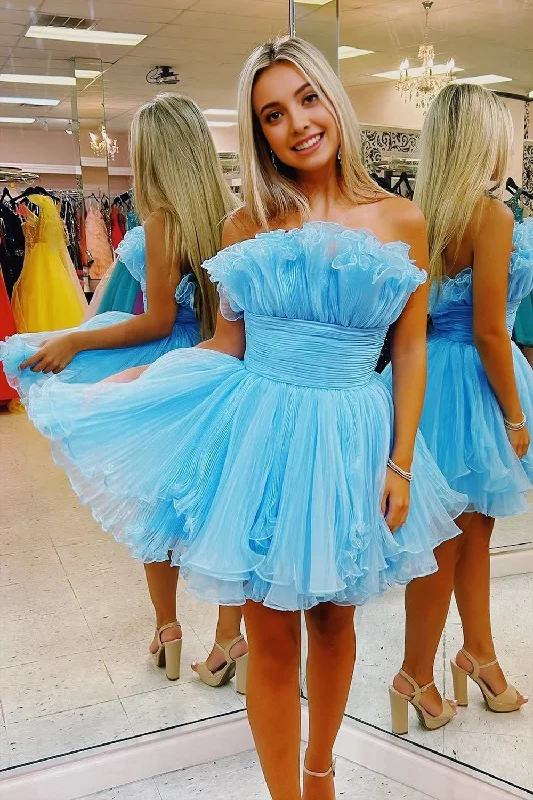 Blue A-Line Strapless Ruffled Short Homecoming Dress Mini Skirt Set