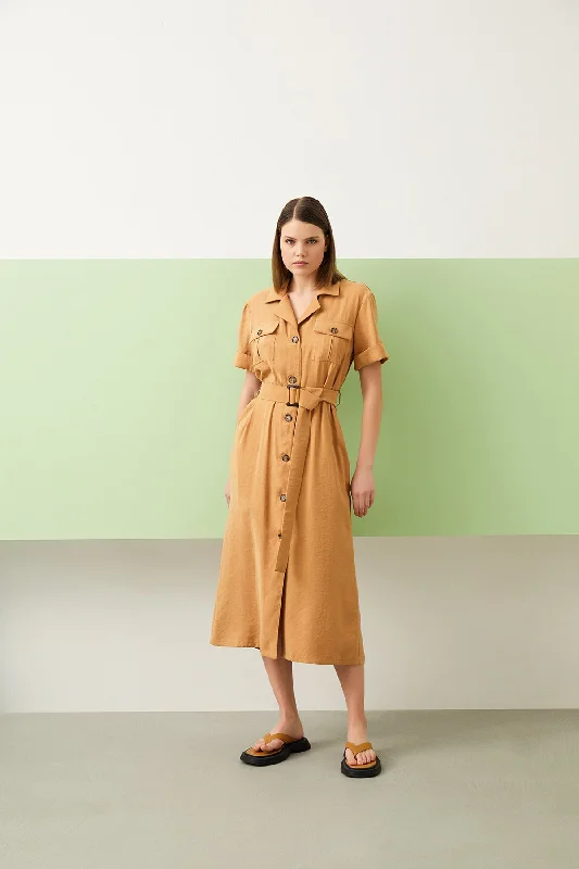 Camel Belt Button Short Sleeve Mid-length Dress Comfortable Mini Skirt