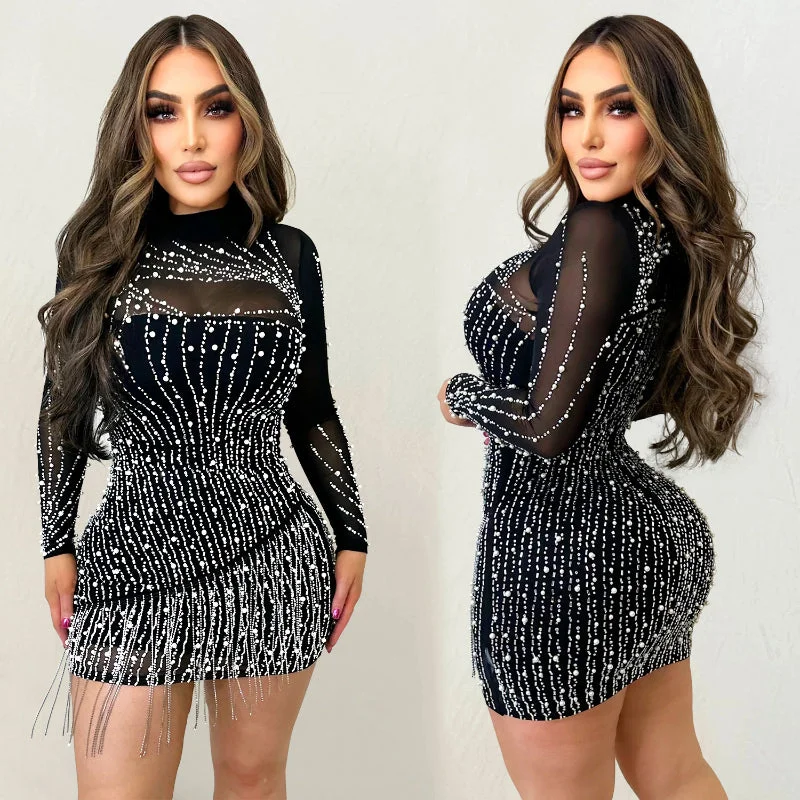 Fashionable Long Sleeve Hotfix Rhinestones and Beaded Details Mesh Dress Summer Maxi Skirt