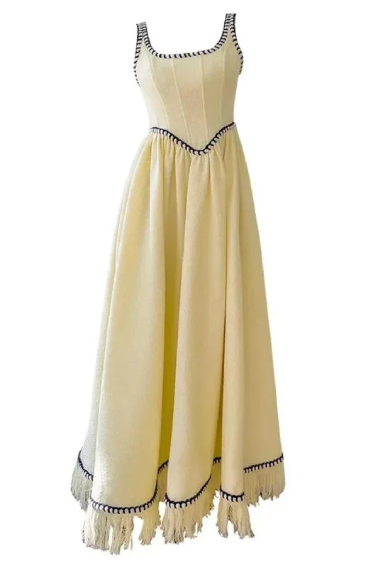 French Elegant Tweed Thick Straps Dresses For Women Square Collar Sleeveless Vintage Maxi Bottom Dress A-line Maxi Skirt