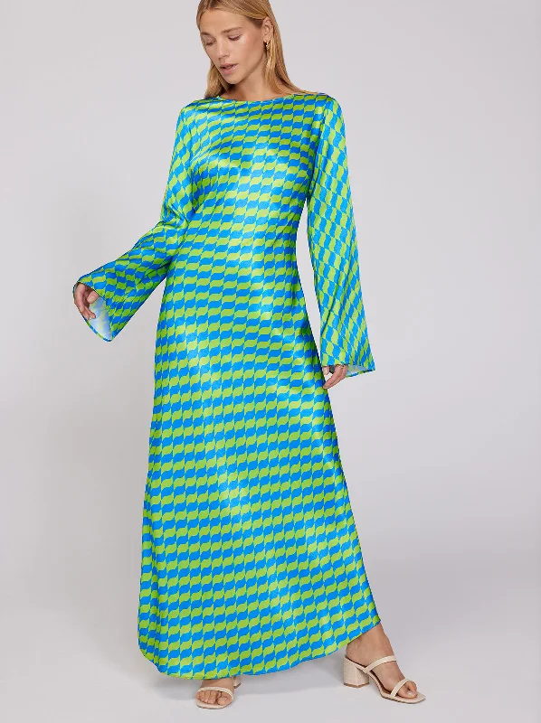 Keira Green Wavy Tile Maxi Dress Pleated Floral Maxi