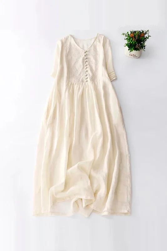 Limiguyue Summer High Quality Embroidery Cotton Linen Dress V-Neck Apricot Literary A-Line Large Size Long Dresses Soft U790 Printed Long Skirt