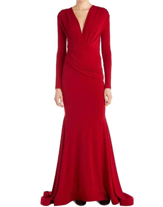 Long Sleeve Evening Gown in Red Slim-fit Maxi Skirt