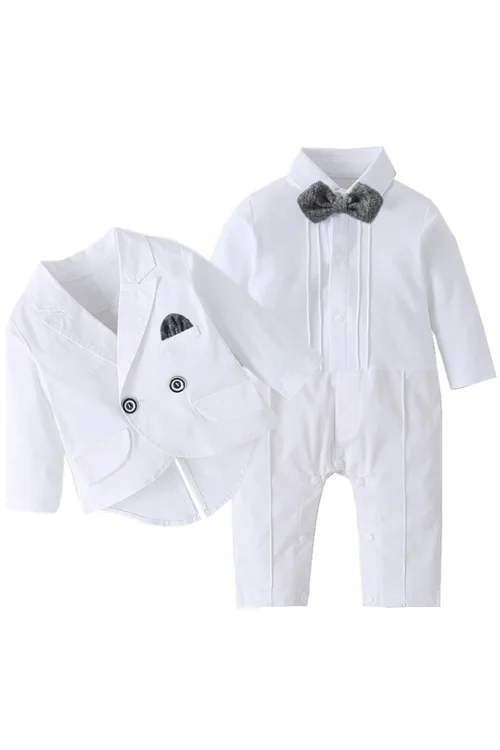 Long Sleeve White Baby Baptism Dress for Boys Romper with Double Breasted Coat Solid Newborn Children Set V-neck Maxi Skirt