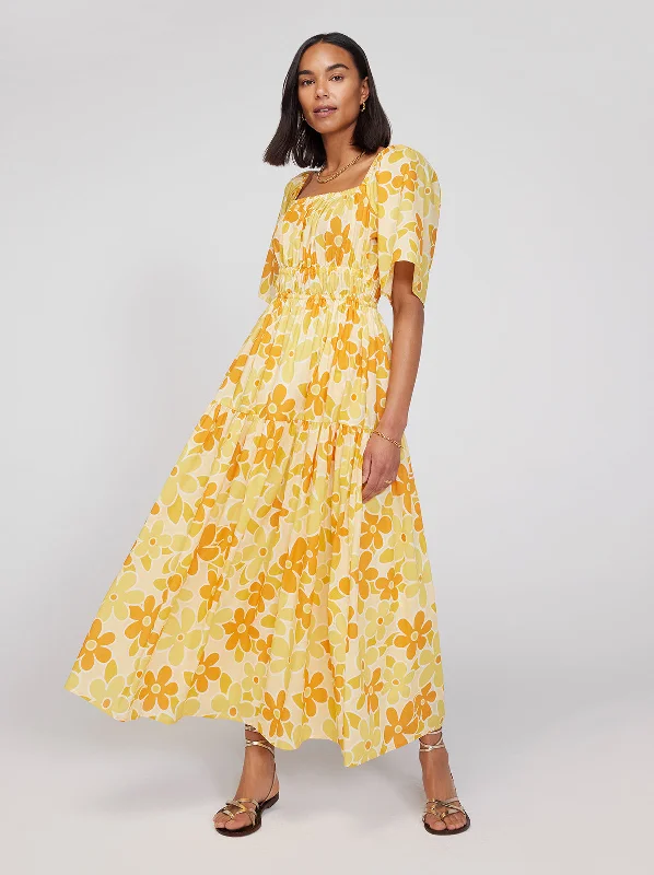 Louisa Yellow Floral Print Maxi Dress Denim Maxi Skirt