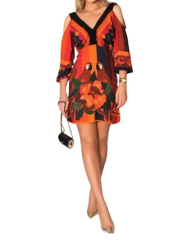 Love Birds Mini Dress In Orange Multi Polka Dot Skirt