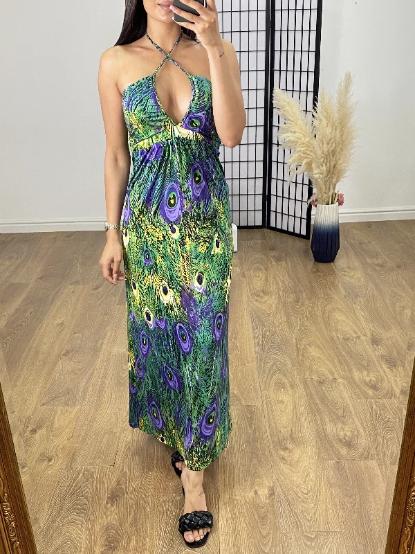 Lucenzo Peacock Print Halter Neck Maxi Dress Sexy Long Skirt