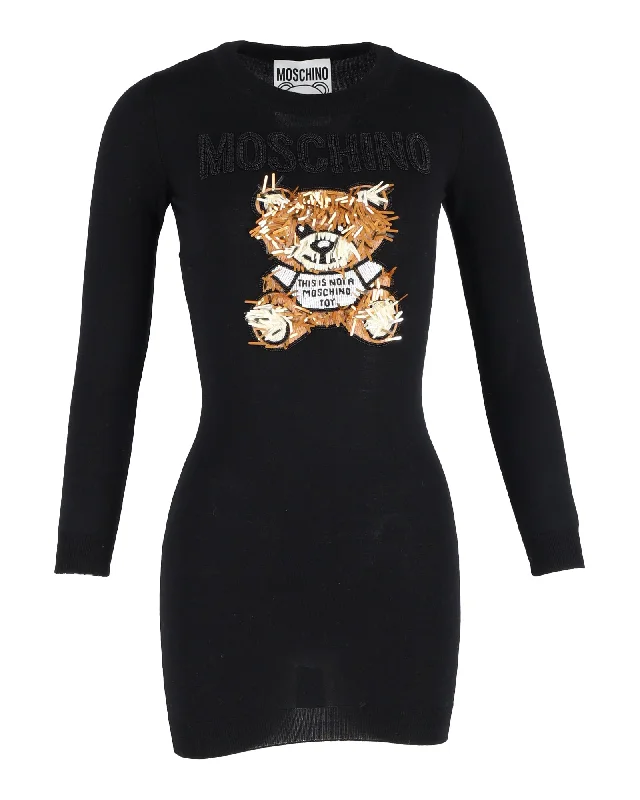 Moschino Embellished Bear Mini Dress in Black Wool High-waist Skirt Trend