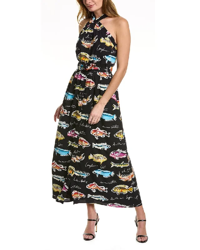 Oscar de la Renta Marine Postcard Silk Maxi Dress Soft Pleated Maxi