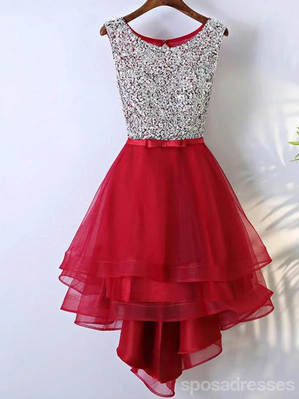 Rhinestone High Low Open Back Red Homecoming Dresses, Short Homecoming Dresses, CM241 High-Waisted Mini Skirt