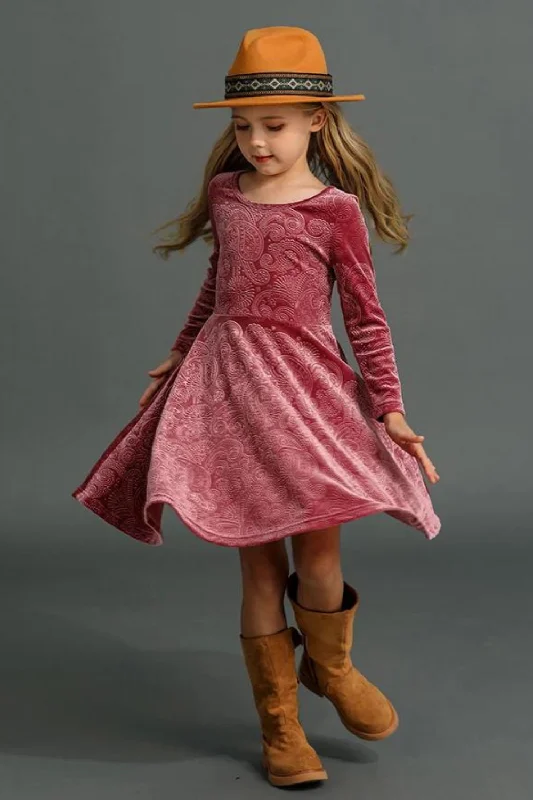 Winter and Autumn Velvet Embossed Dress for Preschool Girls Long Sleeve Swing Twist Cozy Maxi Skirt