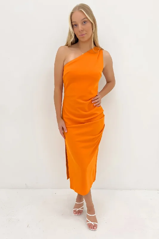 Blayke Midi Dress Orange Pleated Satin Skirt