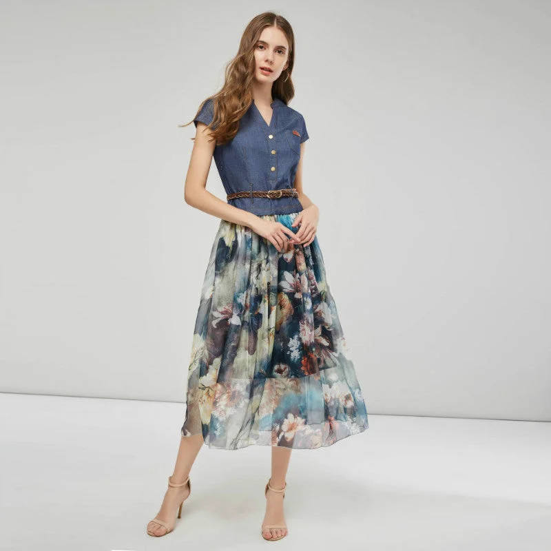 Denim Patchwork Mesh Midi Dress Printed Satin Midi