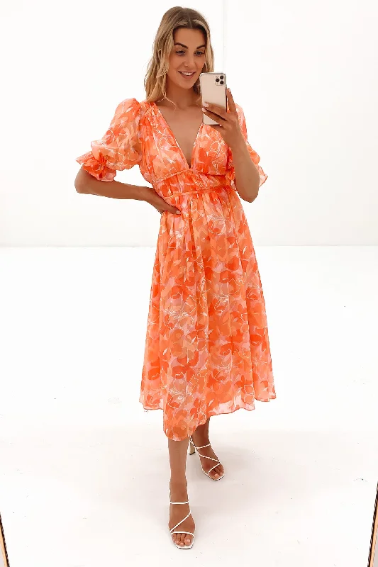 Emmie Midi Dress Orange Floral Casual Midi Outfit