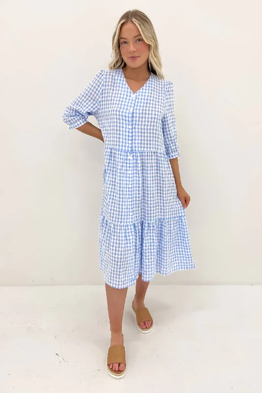 Kaylah Midi Dress Blue Gingham Soft A-line Skirt