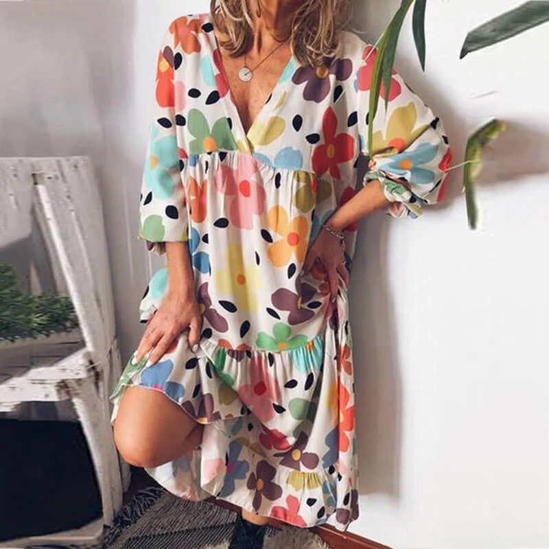 Loose Floral Summer Midi Dress Front Button Midi