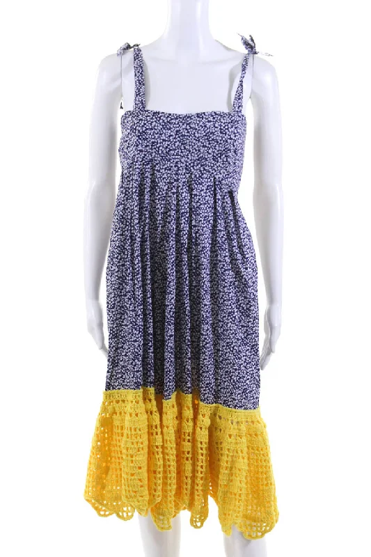 Michaela Buerger Womens Floral Crochet Trim Midi Swing Dress Blue Fitted Midi Skirt