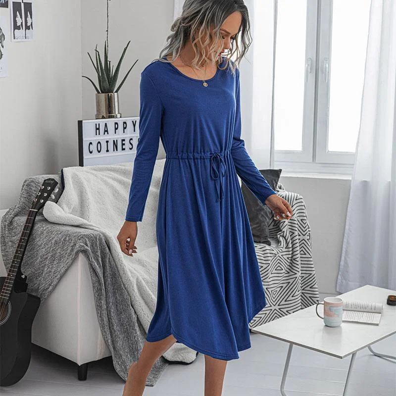 OL Tie Waist Pure Color Midi Dress Trendy Midi Skirt